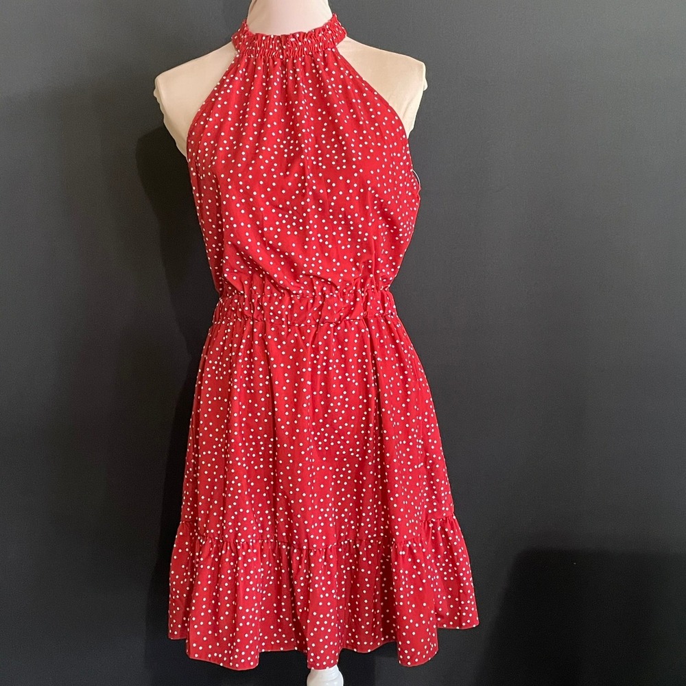 Polka Dot‎ Dress Womens Medium Halter Sleeveless Ruffle Hem Sundress